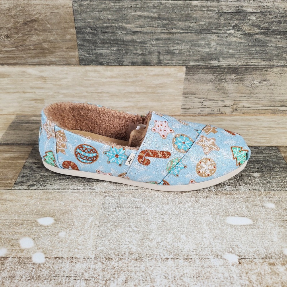 Toms Classics Womens Flats Sz 7 Baby Blue Glitter Sugar Cookies Print Shearling